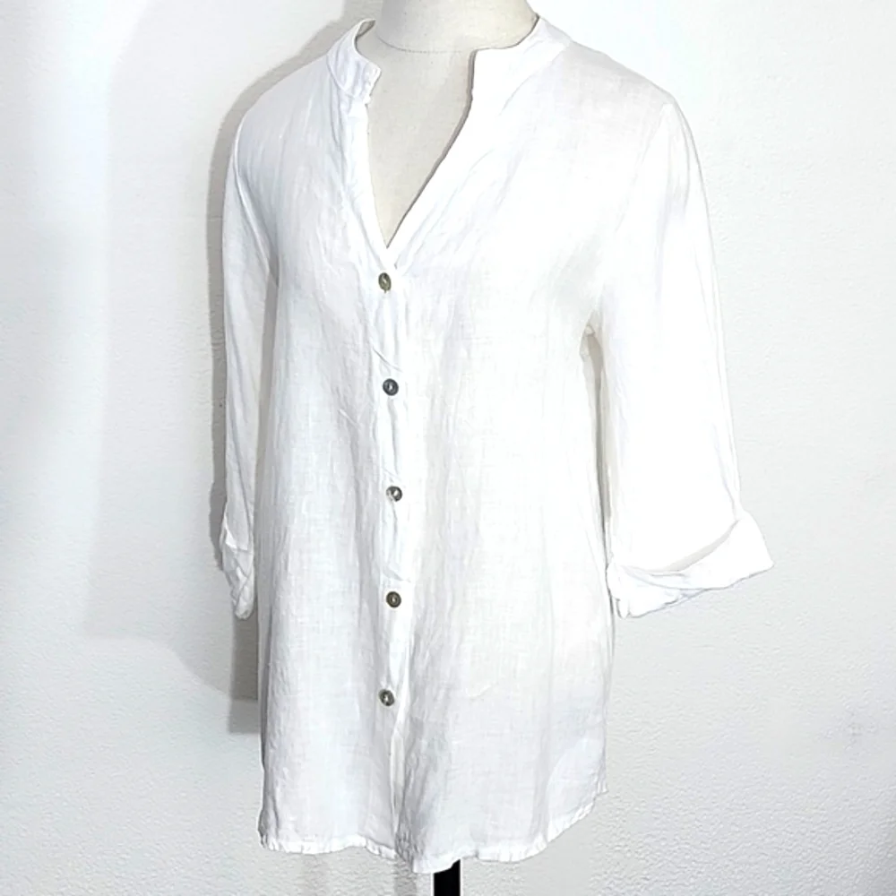 Lungo L'arno Shirt 100% Linen Mother Of Pearl Buttons Long Sleeves White Size L - Picture 3 of 12